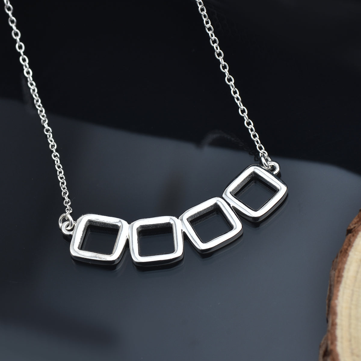 Geometric Square Link Pendant Necklace – 925 Sterling Silver