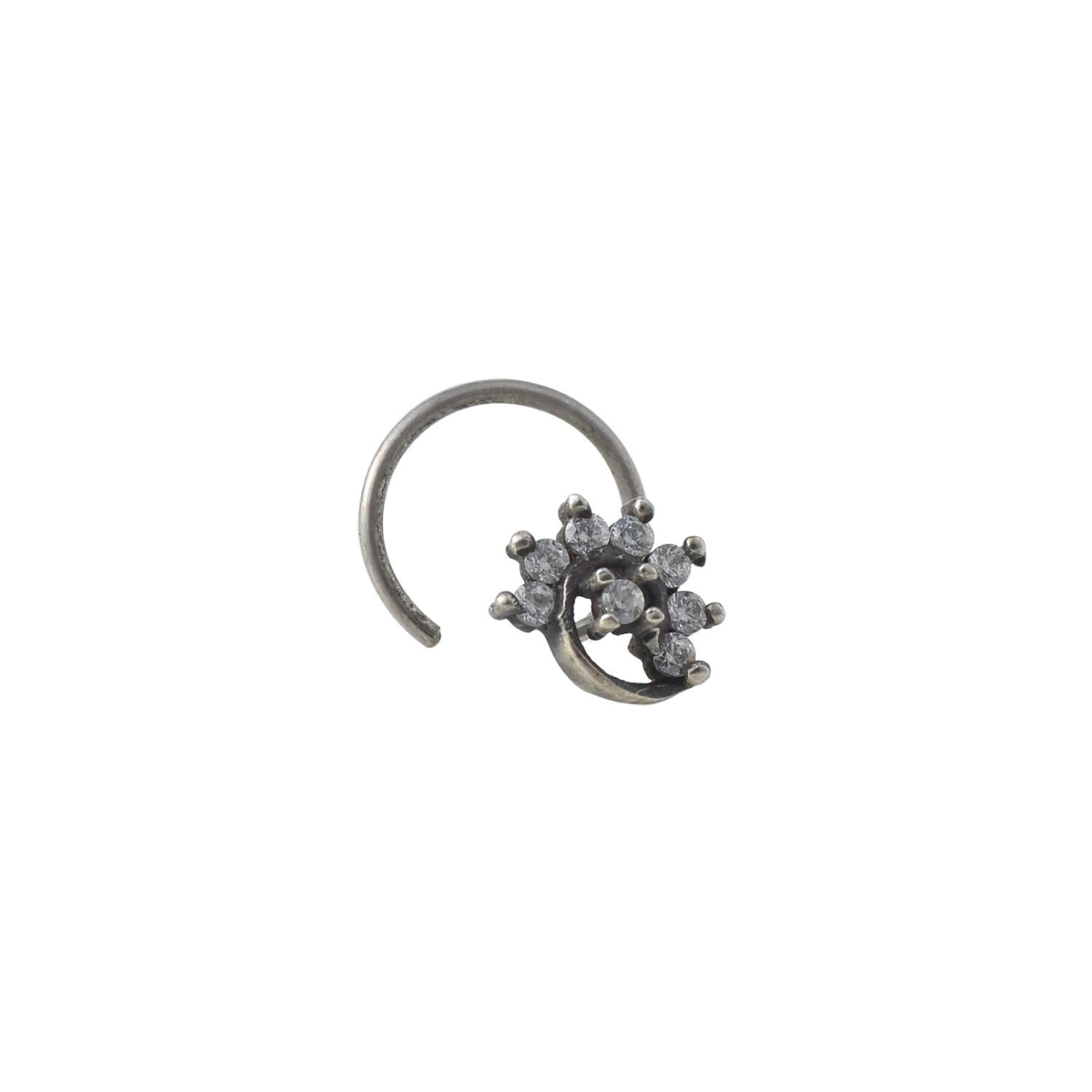 925 Sterling Silver White CZ Antique Finish Flower Nose Pin