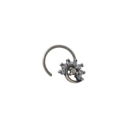 White CZ Oxidised Antique Flower Nose Pin – 925 Sterling Silver