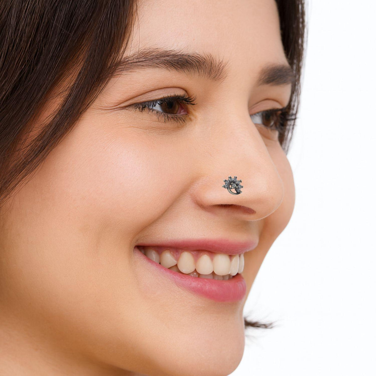 White CZ Oxidised Antique Flower Nose Pin – 925 Sterling Silver