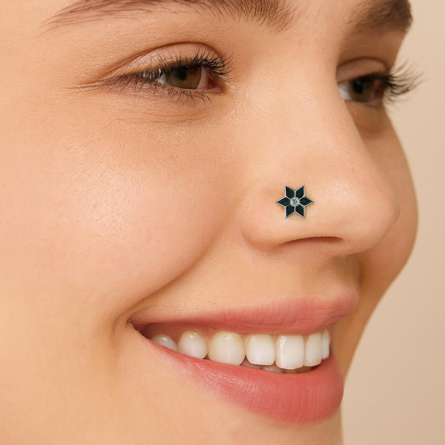 Deep Blue Enamel Six-Point Floral Star Nose Pin – 925 Sterling Silver