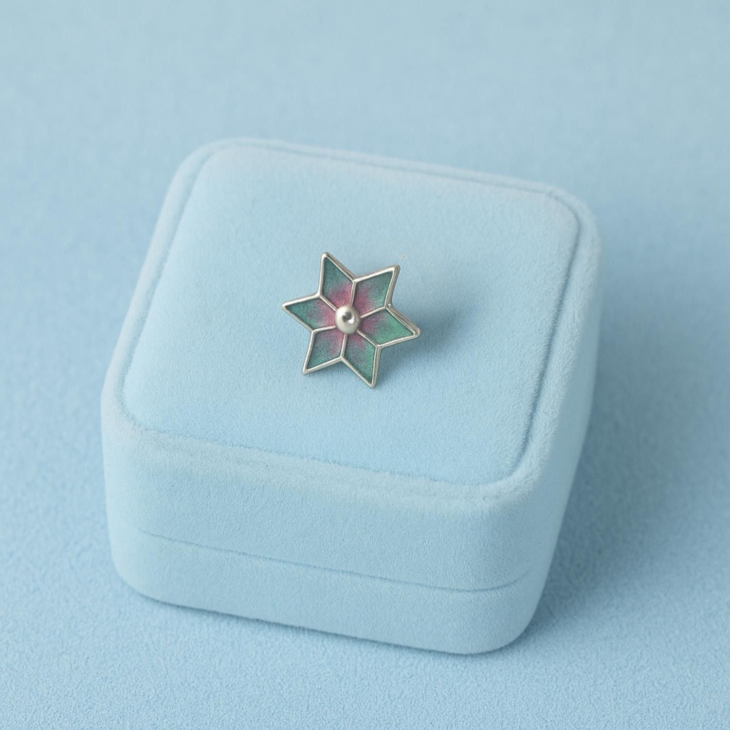 925 Sterling Silver Green & Pink Enamel Six-Point Floral Star Nose Pin