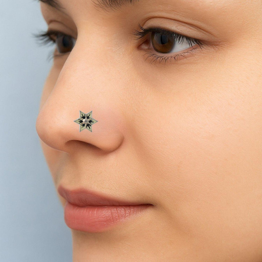Black and Ivory Enamel Six-Point Floral Star Nose Pin – 925 Sterling Silver