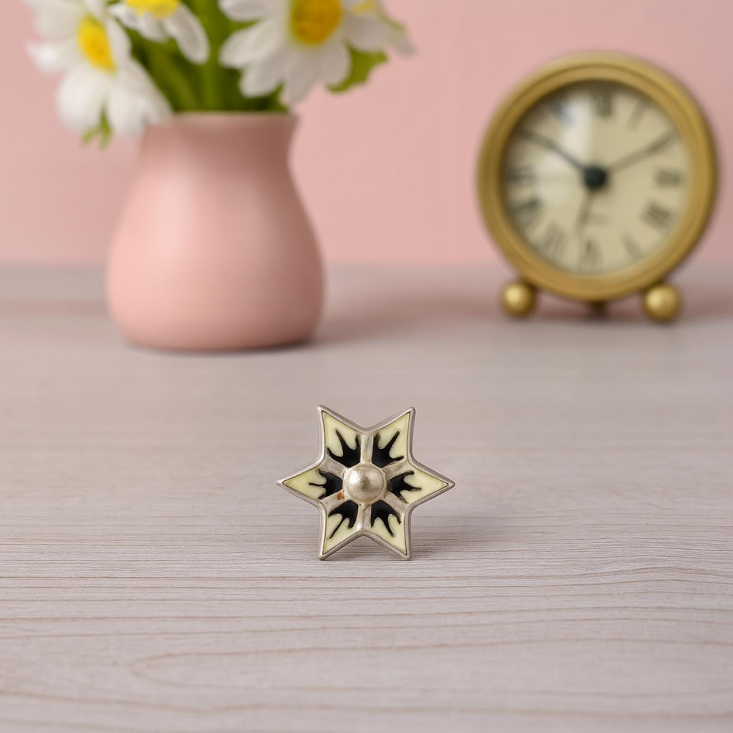 925 Sterling Silver Black & Ivory Enamel Six-Point Floral Star Nose Pin