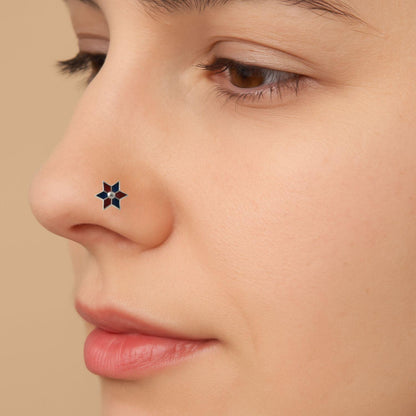 Red and Blue Alternating Enamel Six-Point Star Nose Pin – 925 Sterling Silver