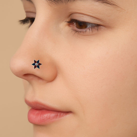 Red and Blue Alternating Enamel Six-Point Star Nose Pin – 925 Sterling Silver