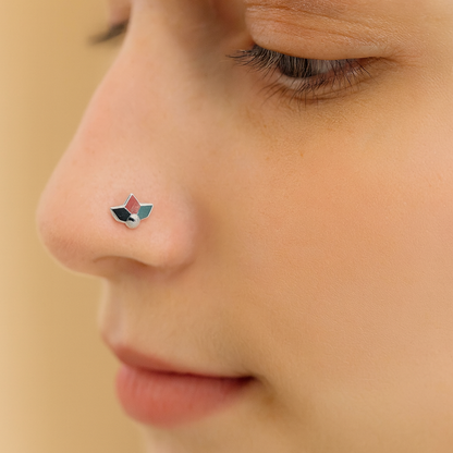 Pink Teal and Navy Enamel Three-Petal Nose Pin – 925 Sterling Silver