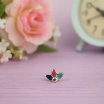Pink Teal and Navy Enamel Three-Petal Nose Pin – 925 Sterling Silver