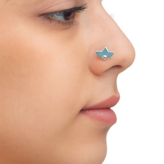 Bright Turquoise Enamel Three-Petal Nose Pin – 925 Sterling Silver