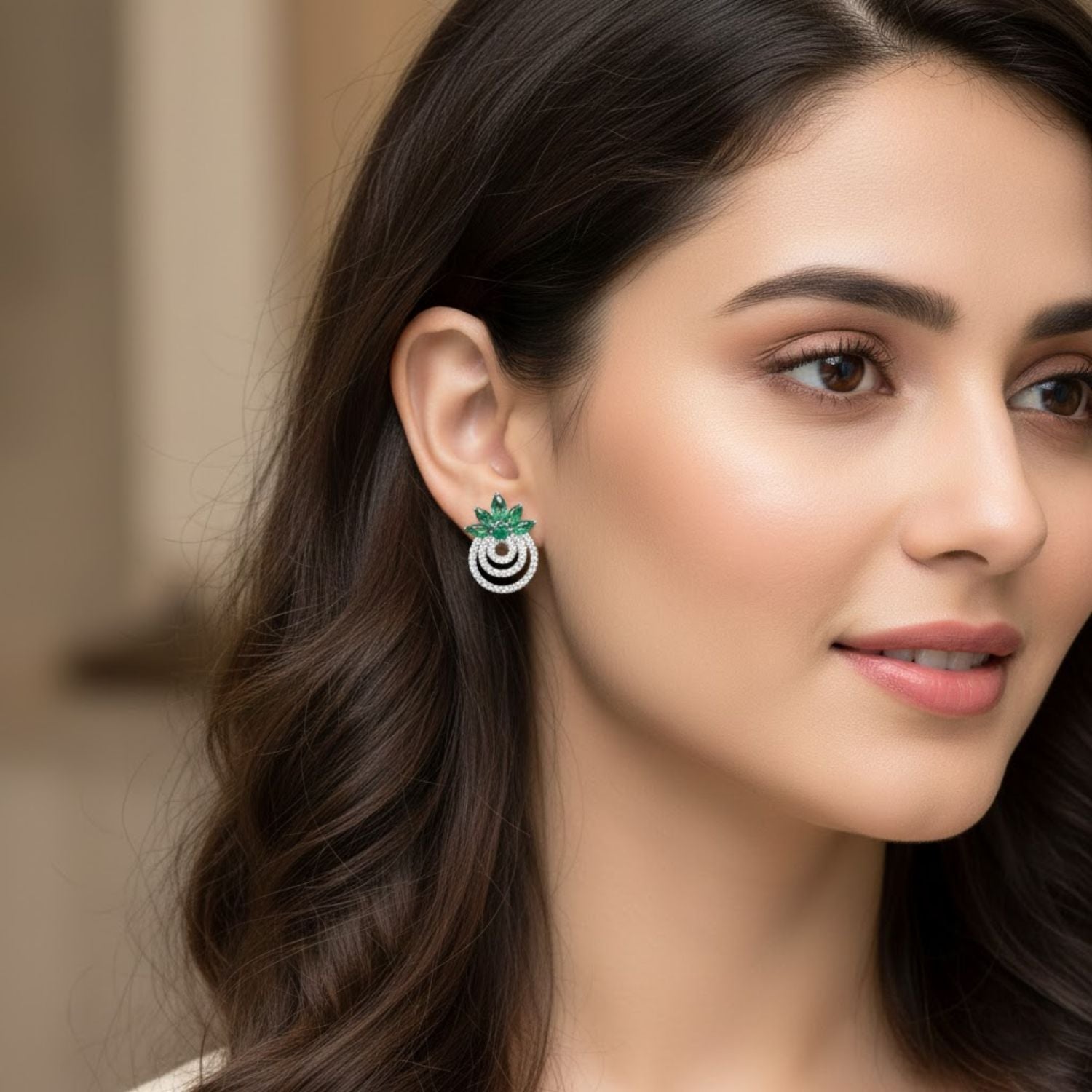 4x2mm Marquise Green CZ Floral Brass Earrings