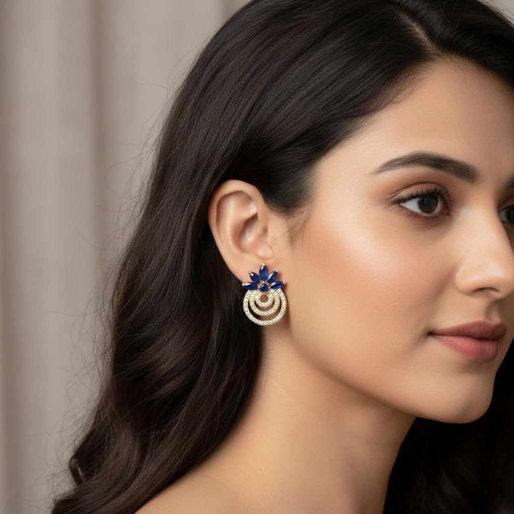 4x2mm Marquise Blue CZ Floral Brass Earrings