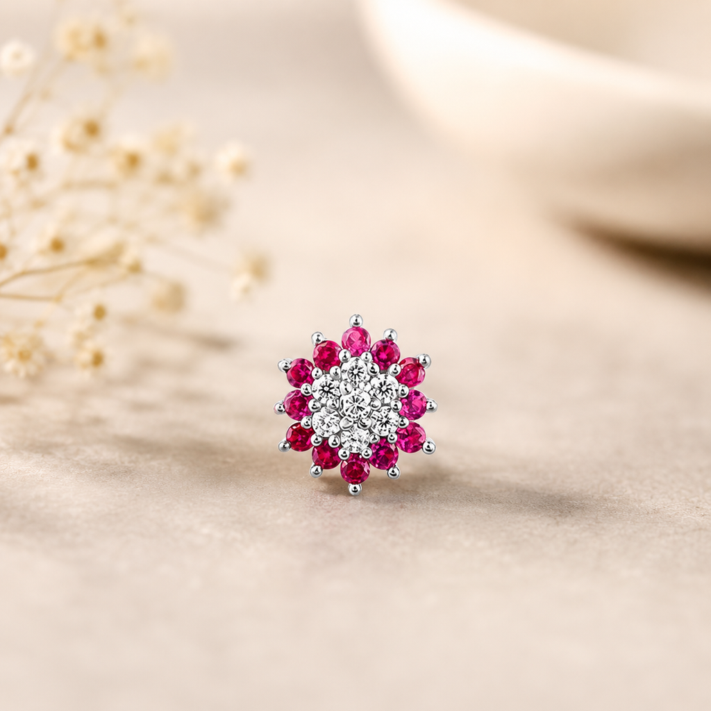 Floral Ruby & White CZ Nose Pin 925 Sterling Silver