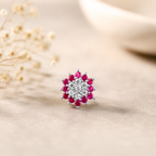 Floral Ruby & White CZ Nose Pin 925 Sterling Silver