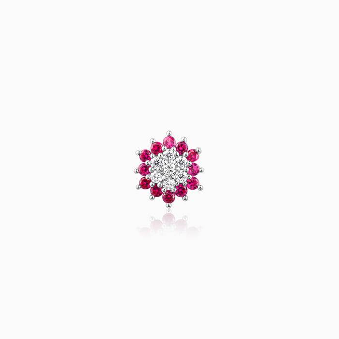 Rhodium Red and White CZ Floral Cluster Nose Pin – 925 Sterling Silver