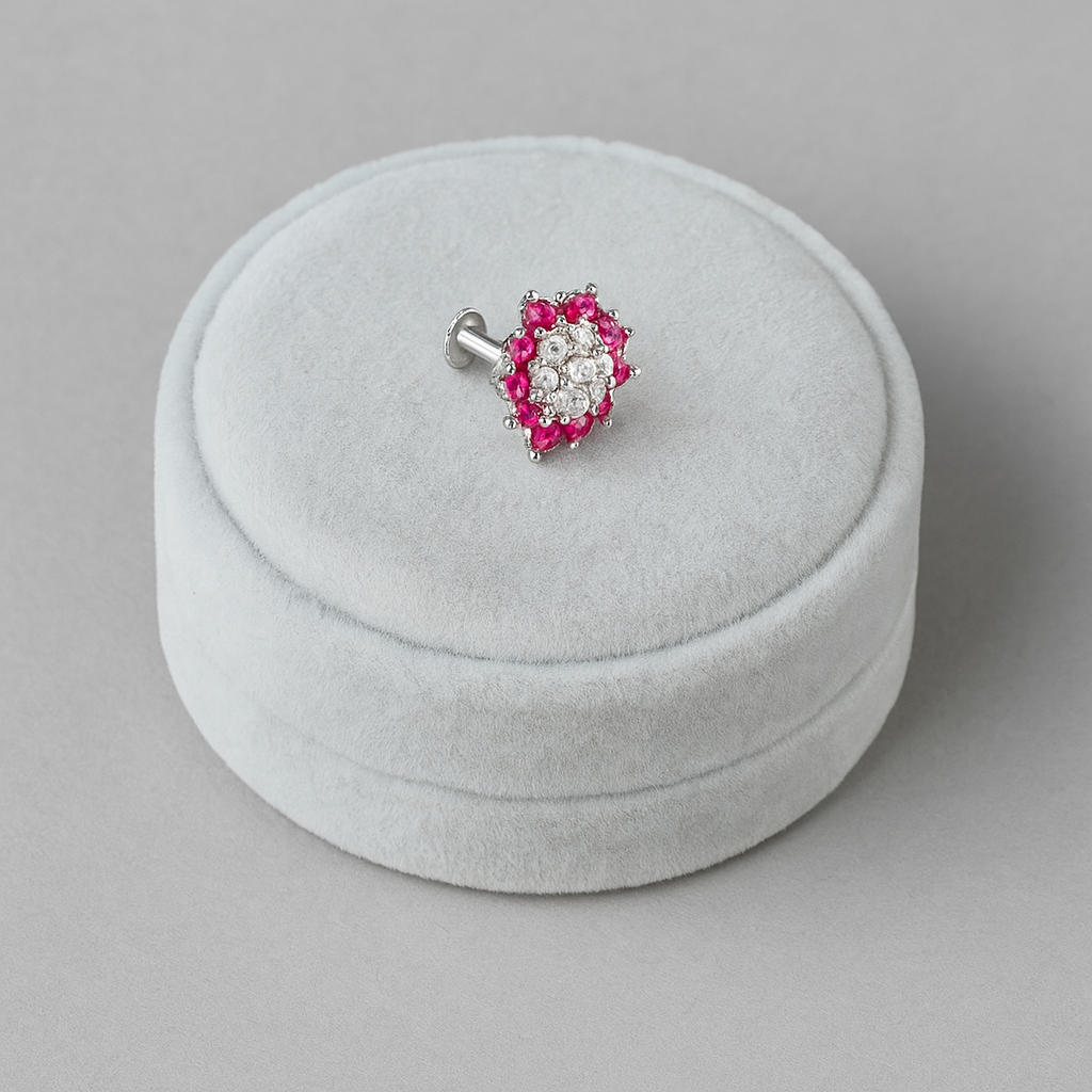 Floral Ruby & White CZ Nose Pin 925 Sterling Silver
