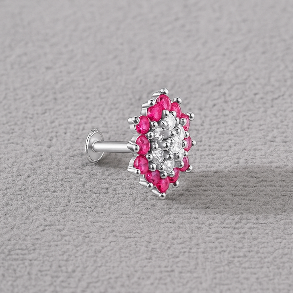 Floral Ruby & White CZ Nose Pin 925 Sterling Silver