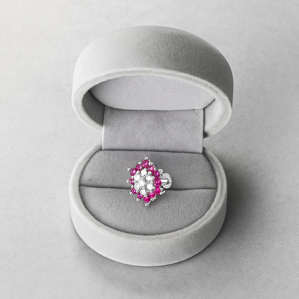Rhodium Red and White CZ Floral Cluster Nose Pin – 925 Sterling Silver