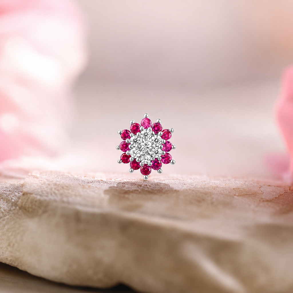 Floral Ruby & White CZ Nose Pin 925 Sterling Silver