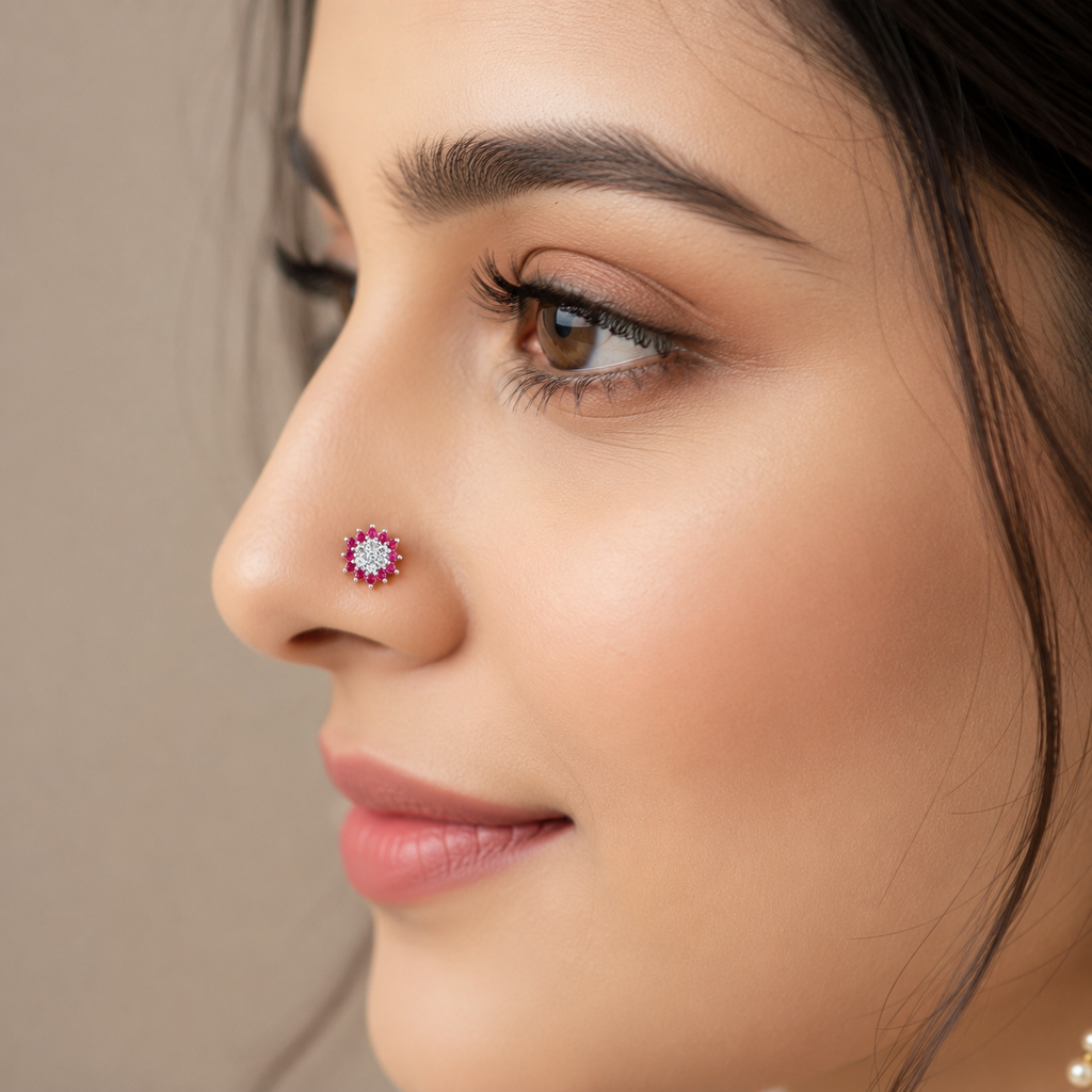 Floral Ruby & White CZ Nose Pin 925 Sterling Silver