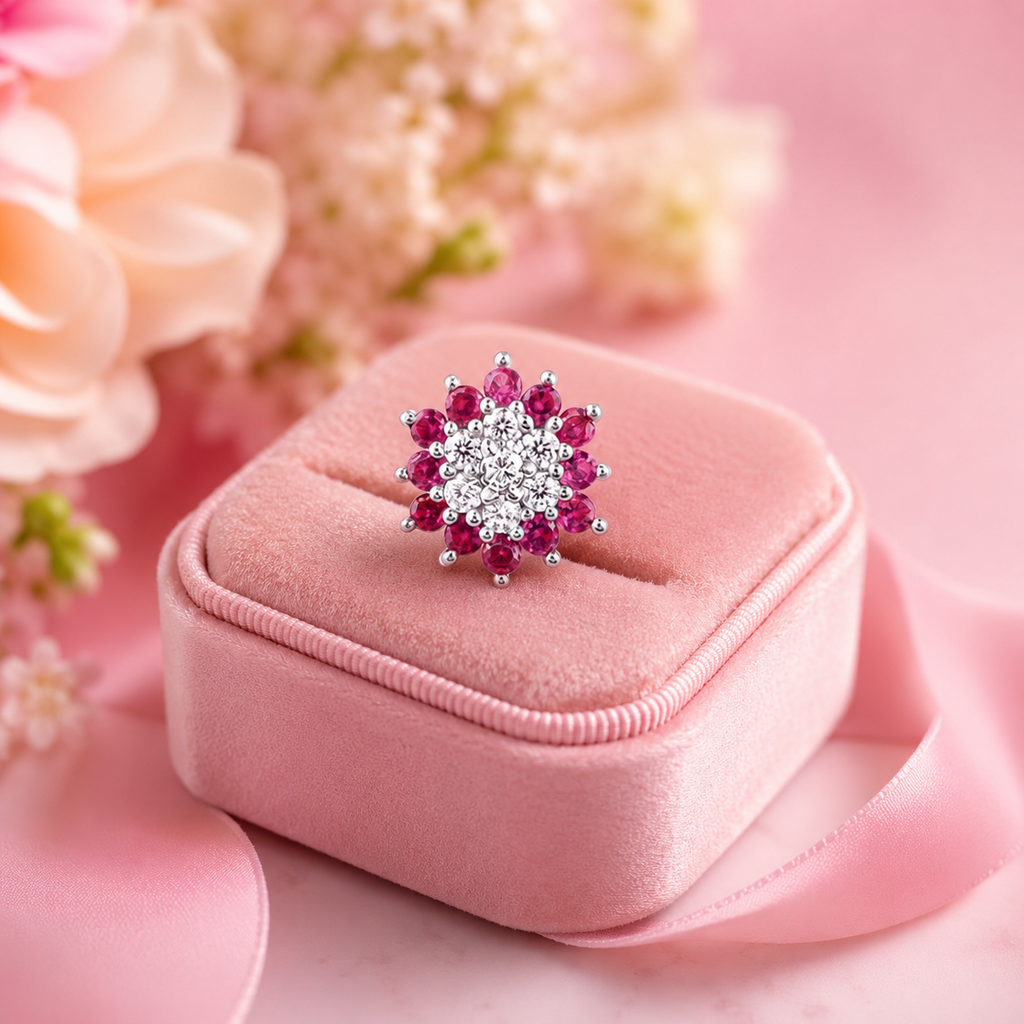 Floral Ruby & White CZ Nose Pin 925 Sterling Silver