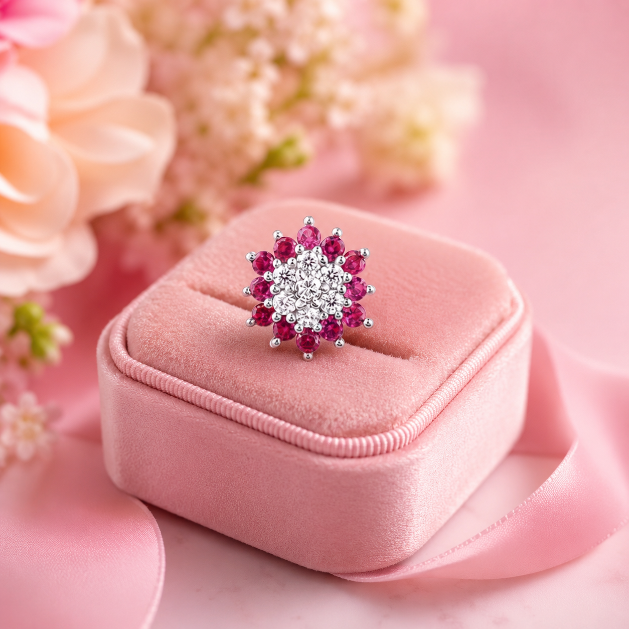 Floral Ruby & White CZ Nose Pin 925 Sterling Silver