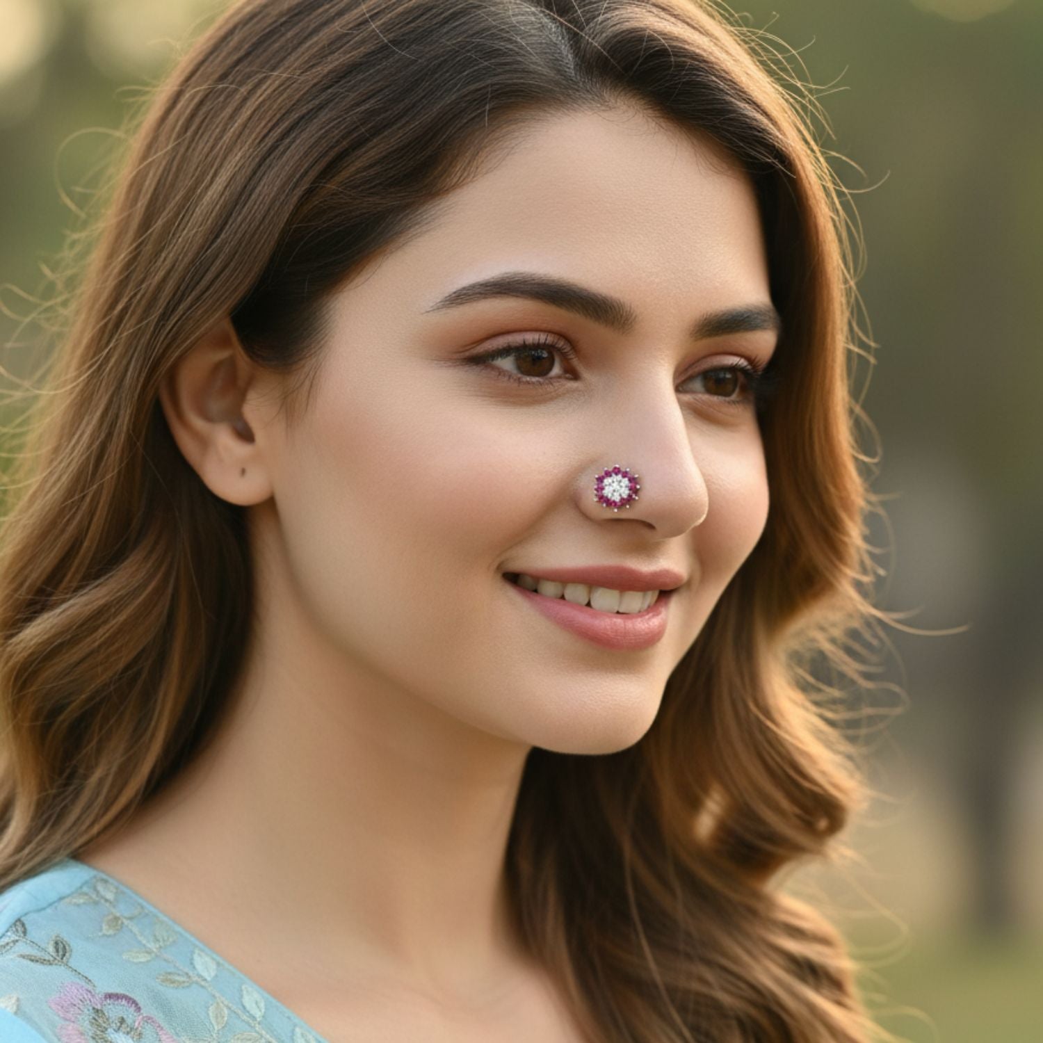 Floral Ruby & White CZ Nose Pin 925 Sterling Silver