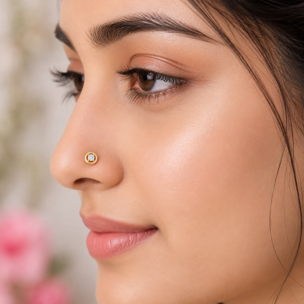 Round Bezel White CZ Nose Pin 925 Sterling Silver Yellow Gold Plated