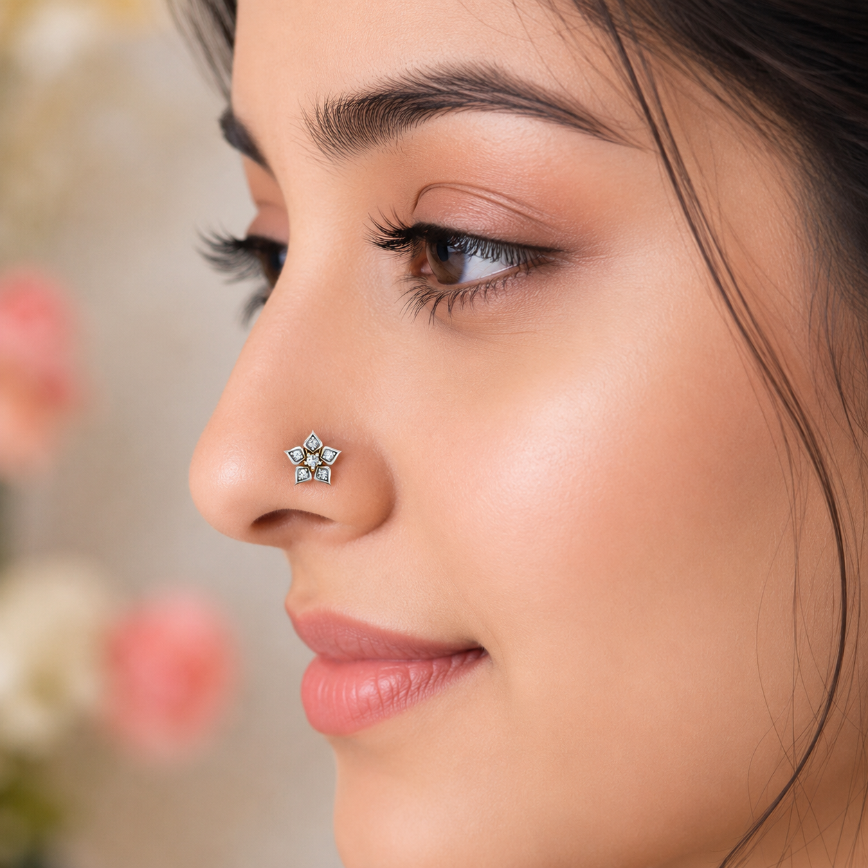 Floral White CZ Nose Pin 925 Sterling Silver Yellow Gold Plated