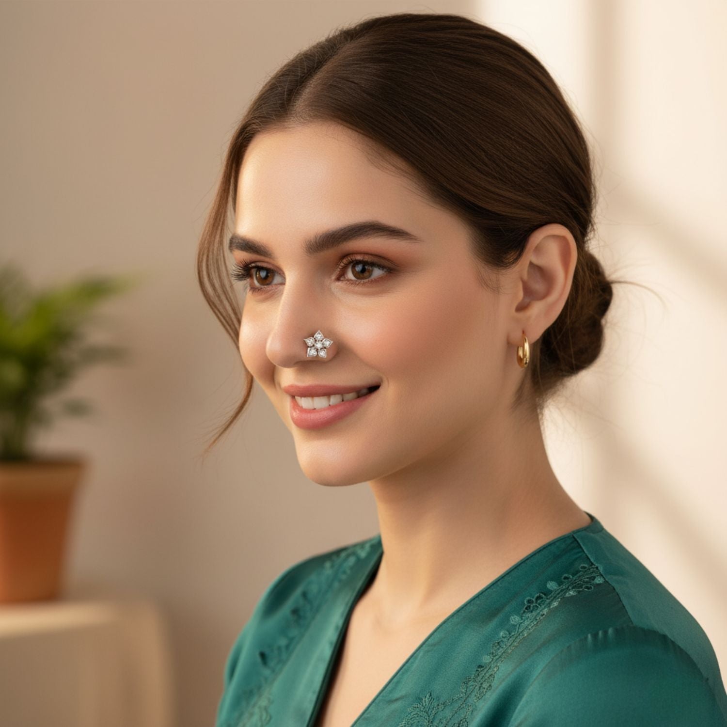 Floral White CZ Nose Pin 925 Sterling Silver Yellow Gold Plated