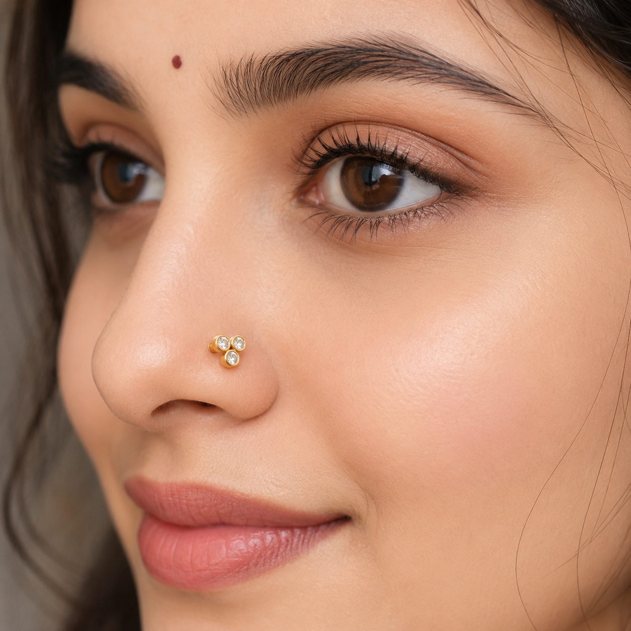 Triple CZ Nose Pin – 925 Sterling Silver Yellow Gold Plated