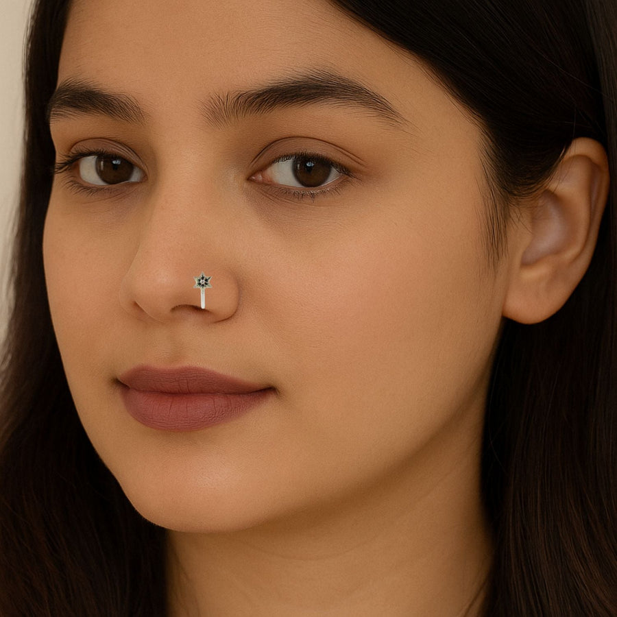 Black and Ivory Inlaid Enamel Star Nose Pin – 925 Sterling Silver