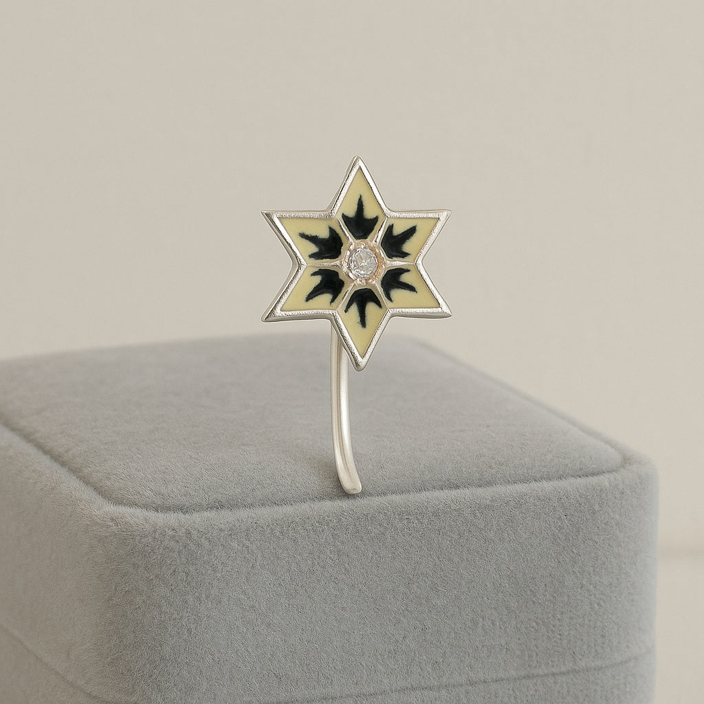 Black and Ivory Inlaid Enamel Star Nose Pin – 925 Sterling Silver
