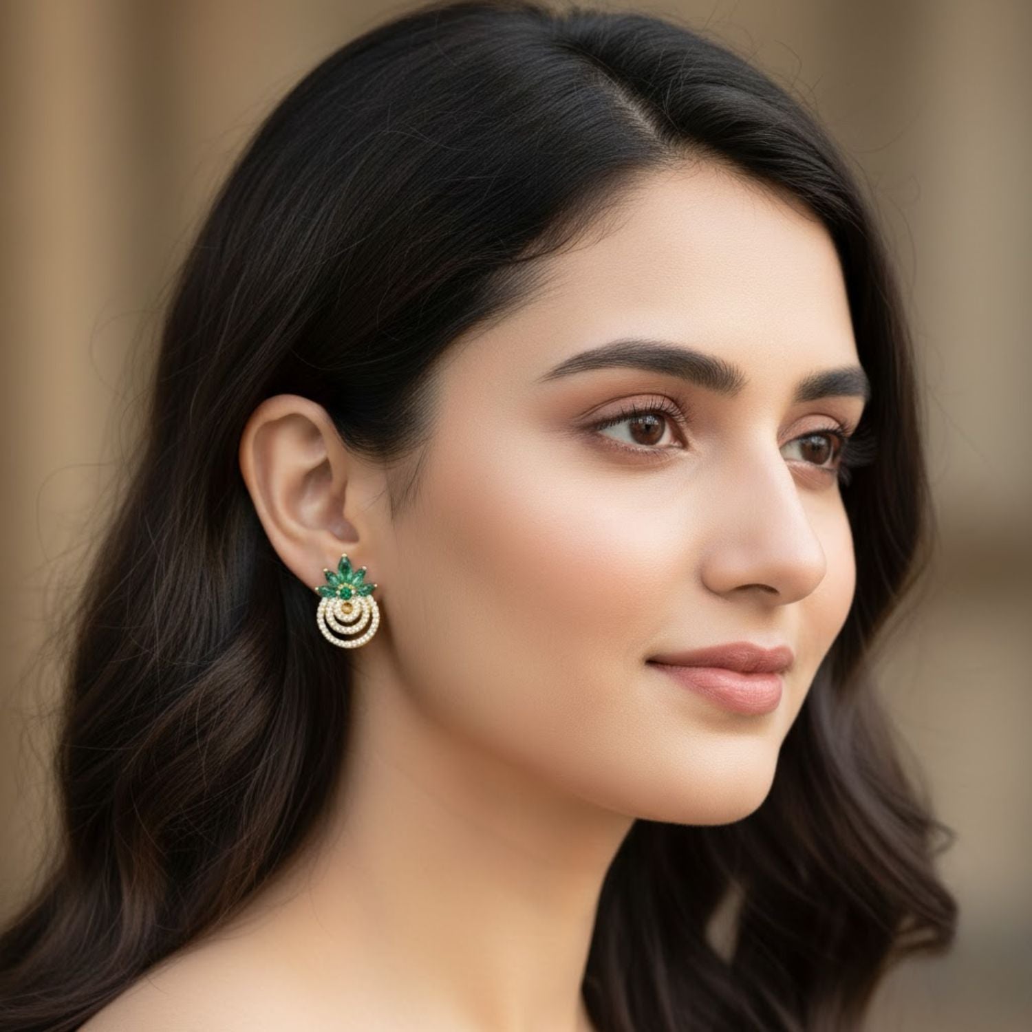 4x2mm Marquise Green CZ Floral Brass Earrings