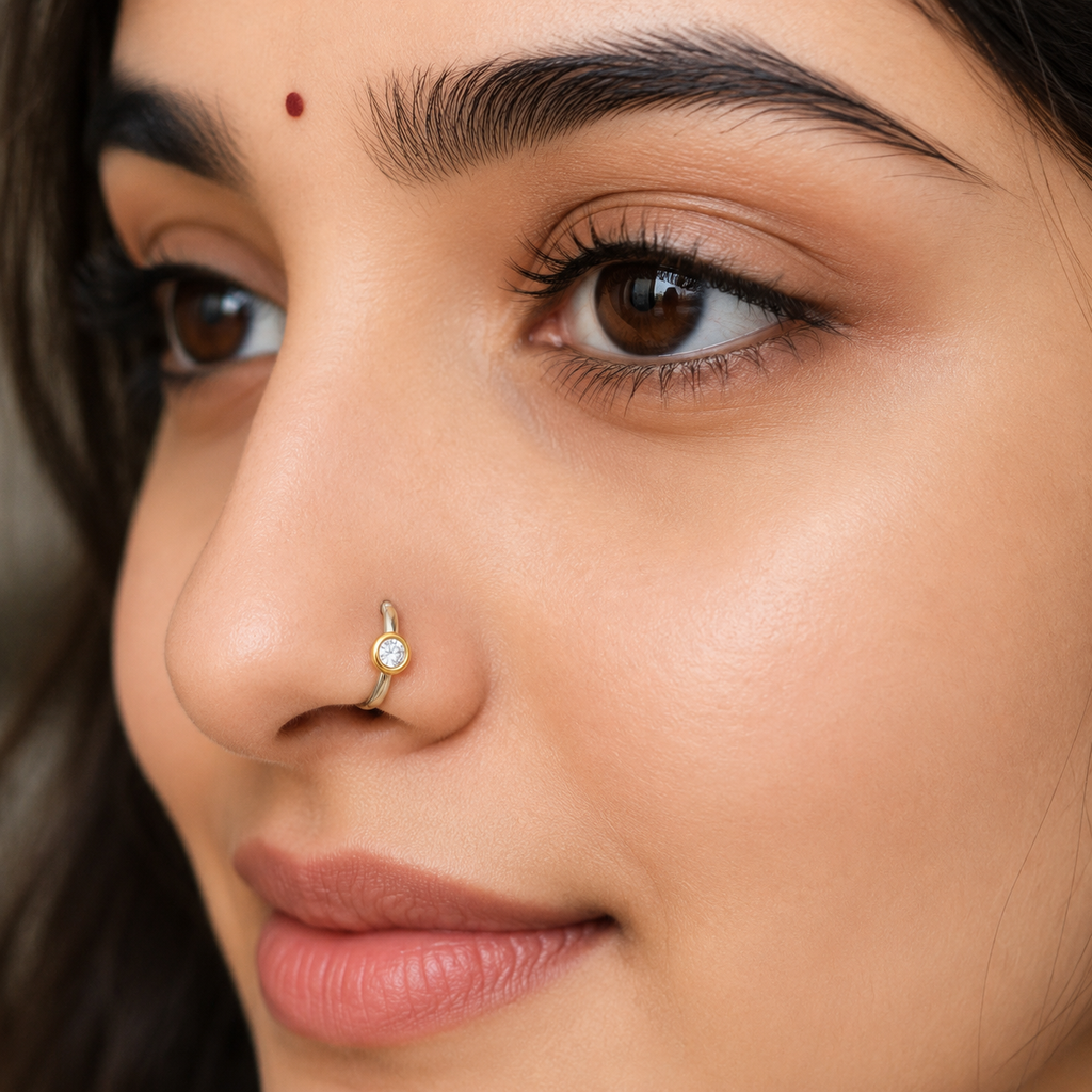 Bezel Set CZ Nose Pin 925 Sterling Silver Two-Tone (Gold & Silver)