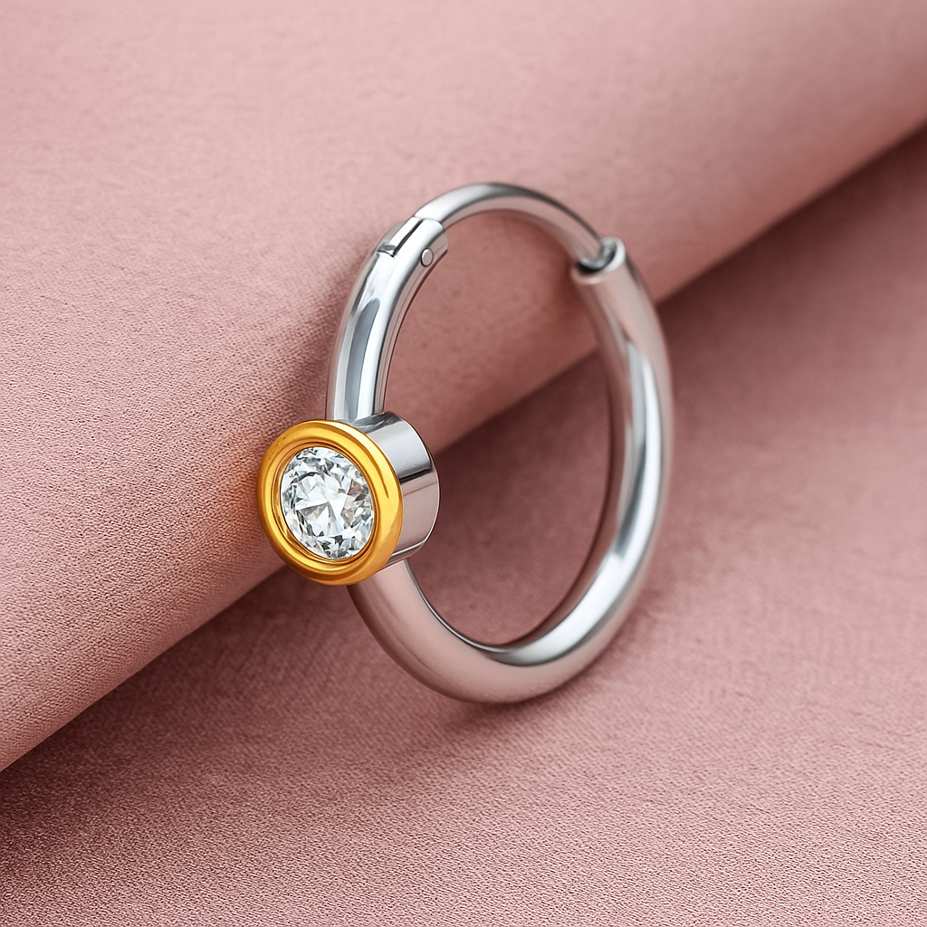 Bezel Set CZ Nose Pin 925 Sterling Silver Two-Tone (Gold & Silver)