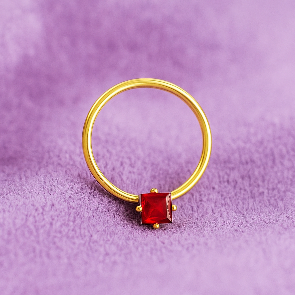 Red CZ Square Nose Pin 925 Sterling Silver Yellow Plated