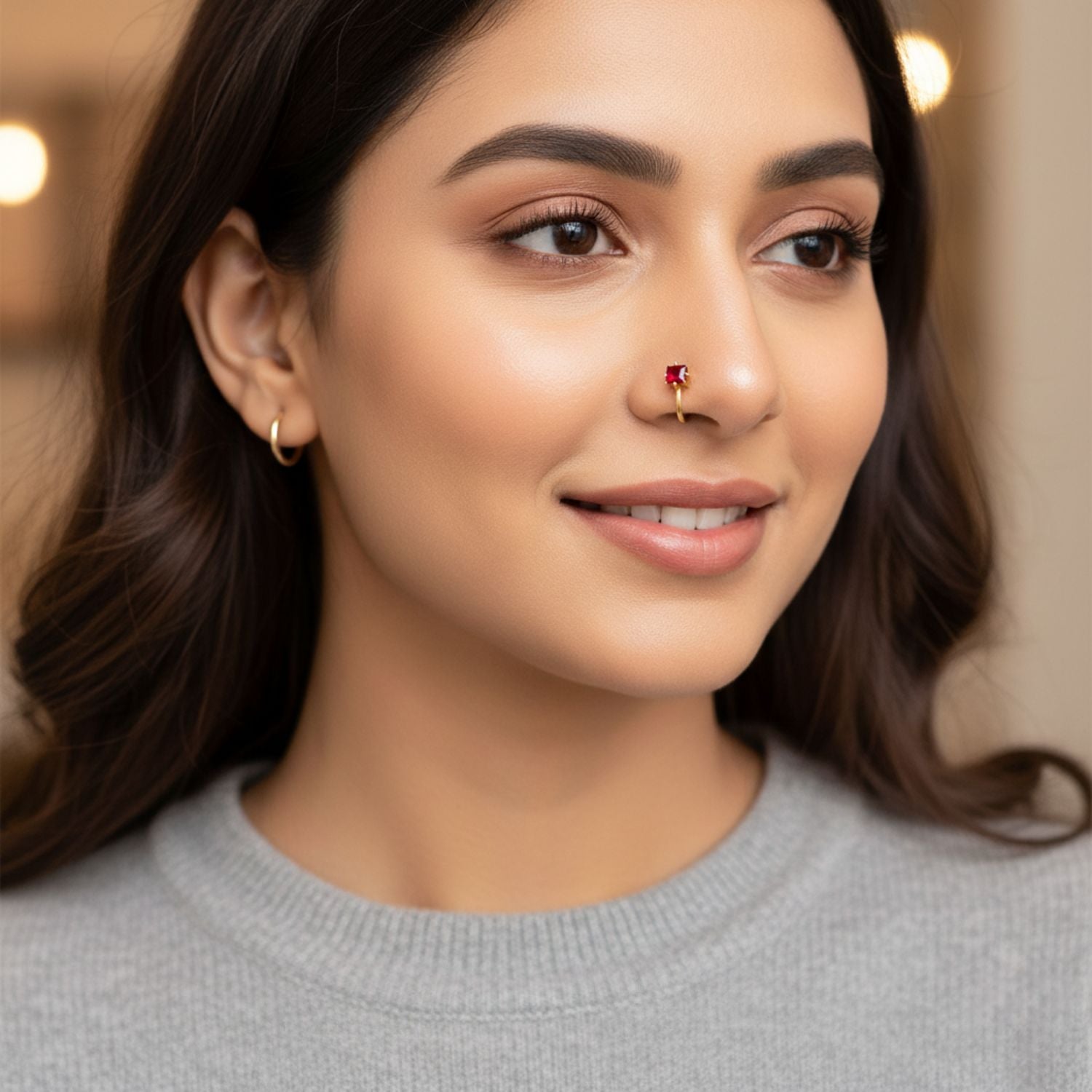 Red CZ Square Nose Pin 925 Sterling Silver Yellow Plated