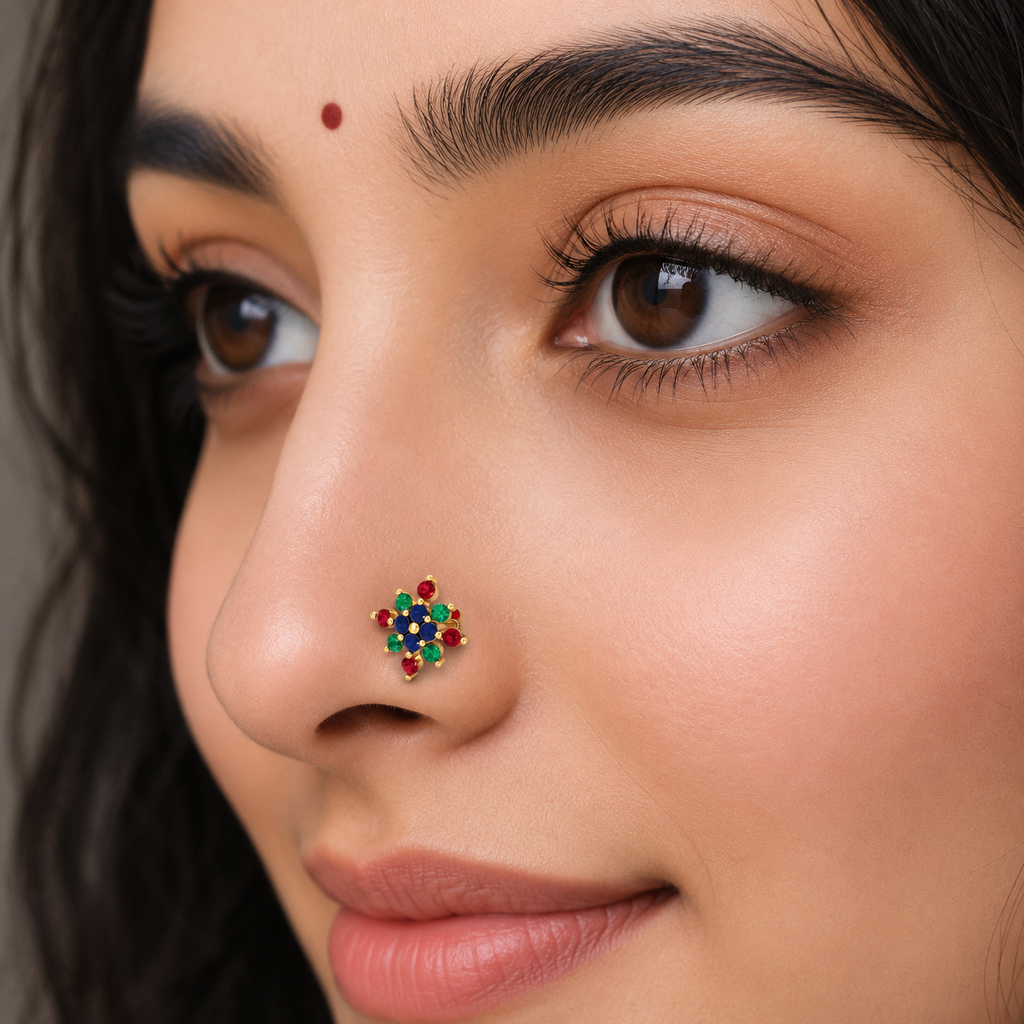 Multicolor Floral CZ Nose Pin 925 Sterling Silver Yellow Plated