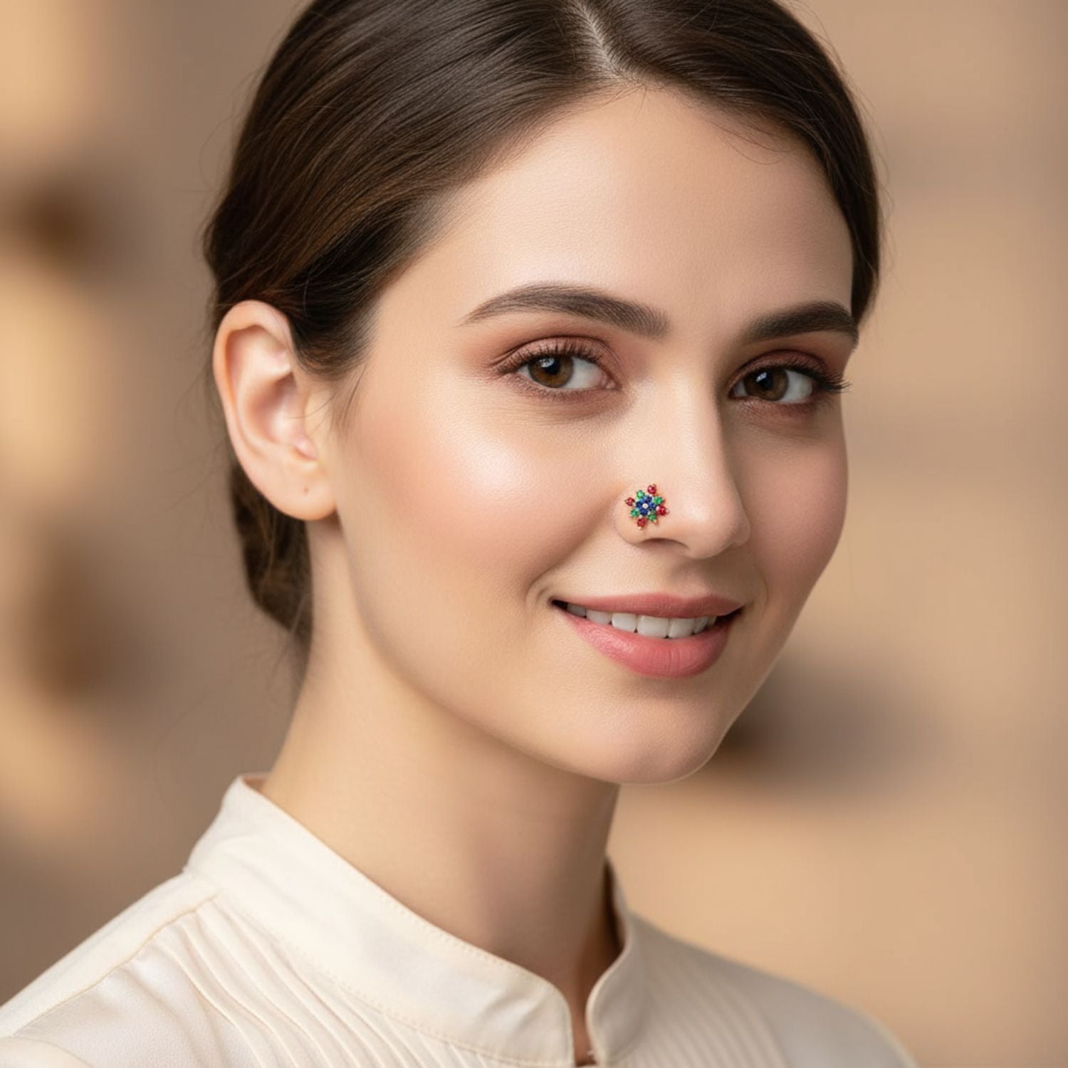 Multicolor Floral CZ Nose Pin 925 Sterling Silver Yellow Plated