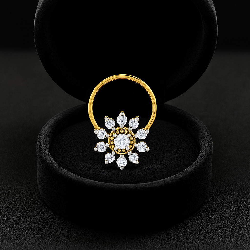 Floral Halo White CZ Nose Pin 925 Sterling Silver Yellow Plated
