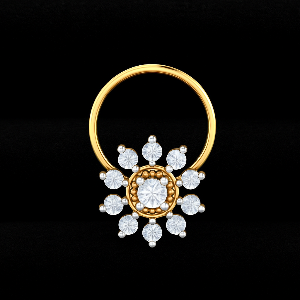 Floral Halo White CZ Nose Pin 925 Sterling Silver Yellow Plated