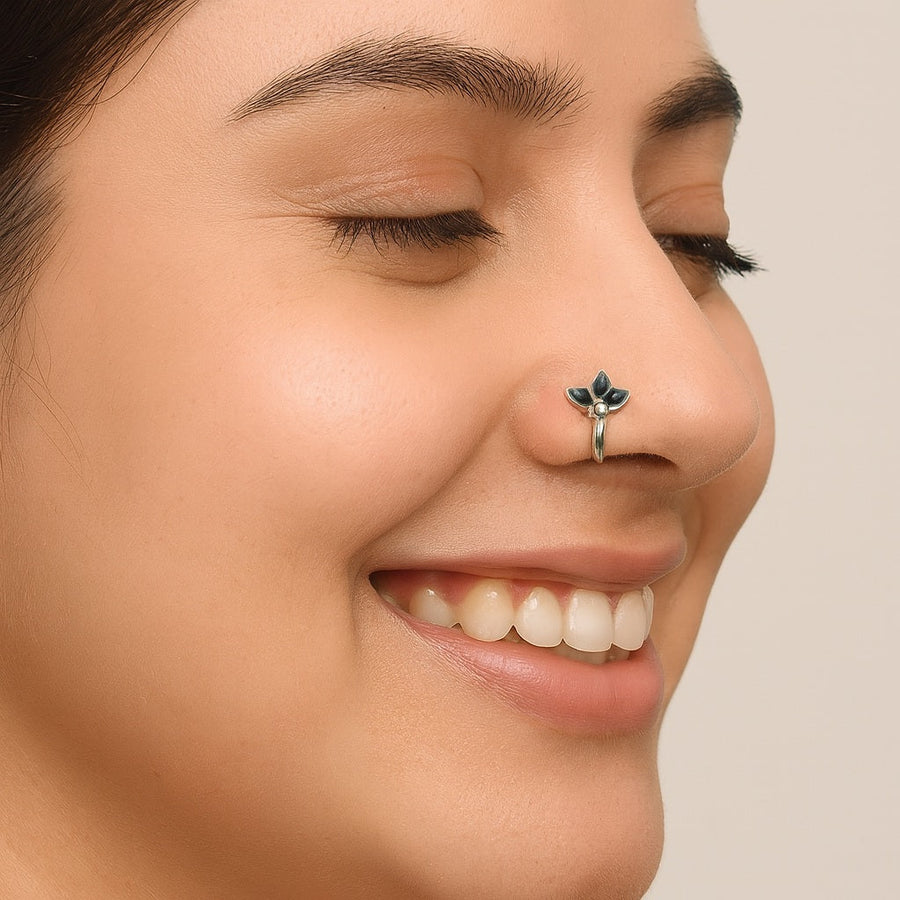 Blue Enamel Three-Petal Lotus Nose Pin – 925 Sterling Silver