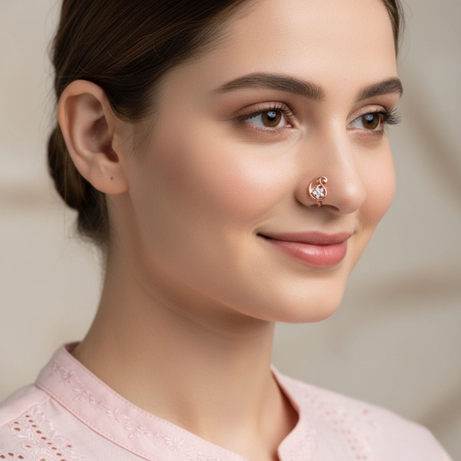 White CZ Floral Leaf Nose Pin 925 Sterling Silver Rose Plated