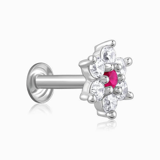 Red Centre and White CZ Halo Floral Nose Pin – 925 Sterling Silver