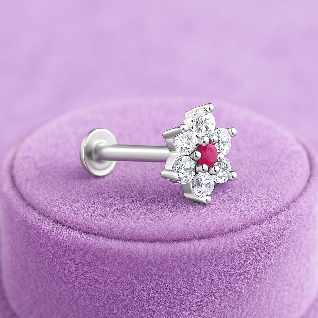 Floral Red & White CZ Nose Pin 925 Sterling Silver