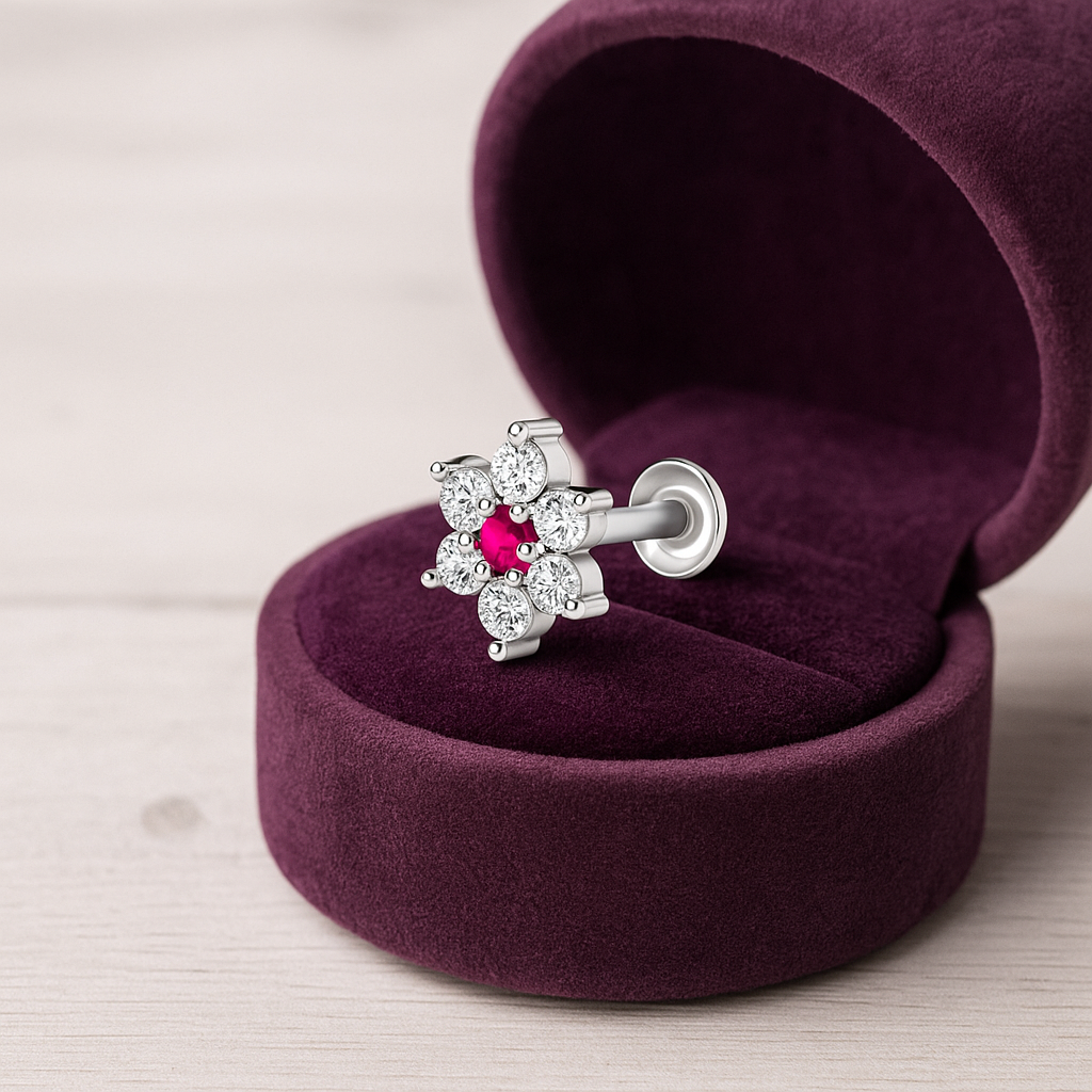 Floral Red & White CZ Nose Pin 925 Sterling Silver