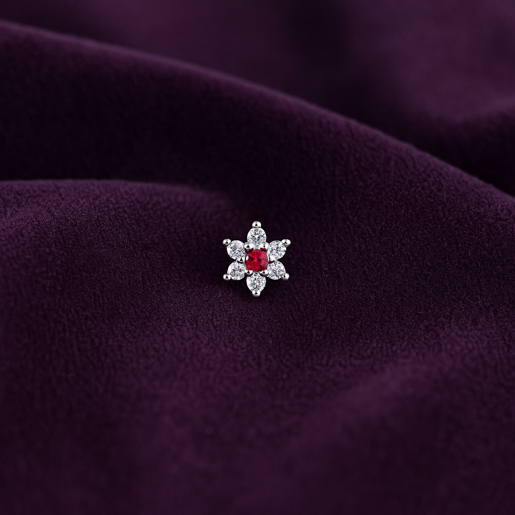 Floral Red & White CZ Nose Pin 925 Sterling Silver