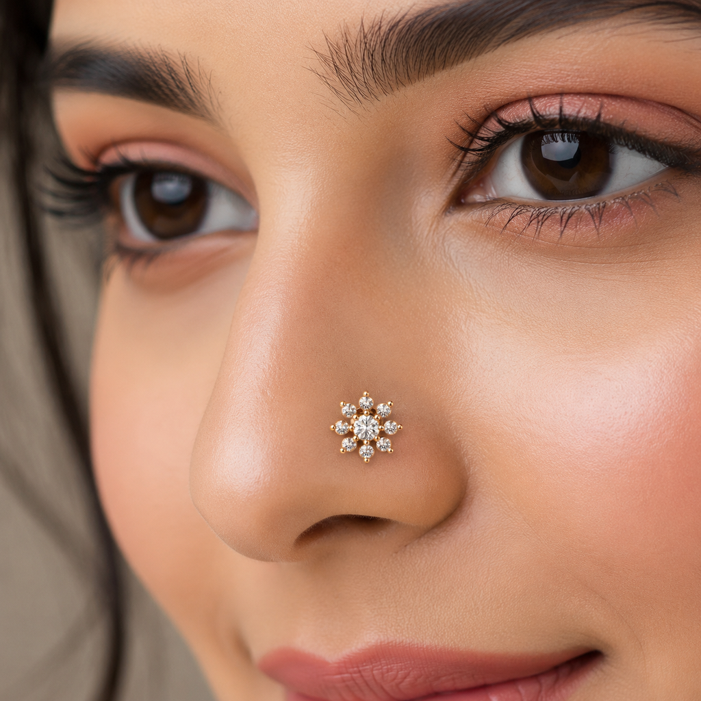 Floral Cluster White CZ Nose Pin 925 Sterling Silver Yellow Plated
