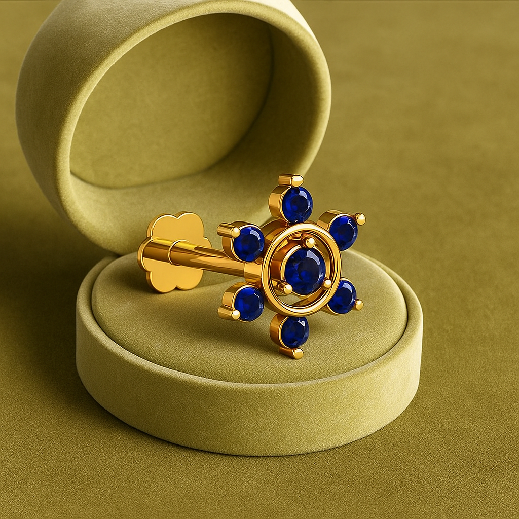 Floral Blue CZ Nose Pin 925 Sterling Silver Yellow Plated