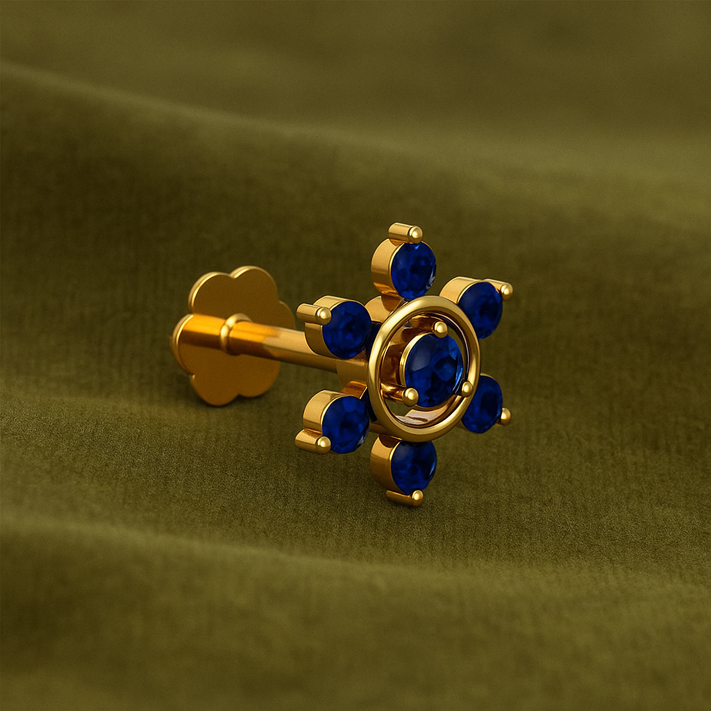 Floral Blue CZ Nose Pin 925 Sterling Silver Yellow Plated